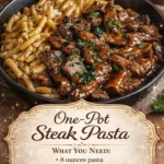 Delicious One-Pot Steak Pasta served with herbs and cheese.