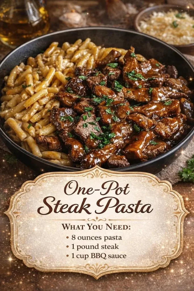 Delicious One-Pot Steak Pasta served with herbs and cheese.
