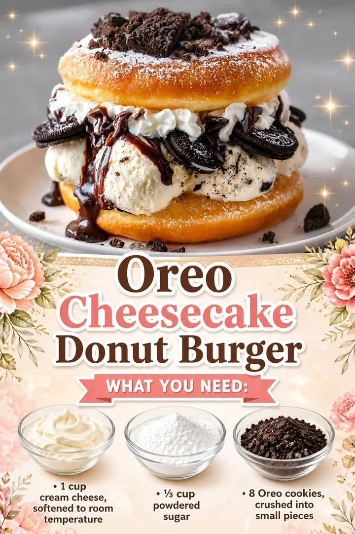 Oreo Cheesecake Donut Burger 1 Oreo Cheesecake Donut Burger featuring creamy cheesecake and delicious Oreo flavors