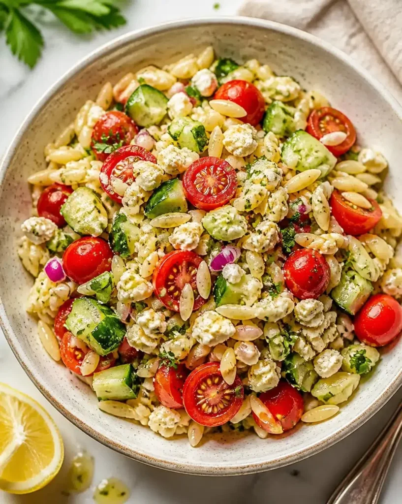 Colorful orzo salad with fresh vegetables and herbs in a bowl.
