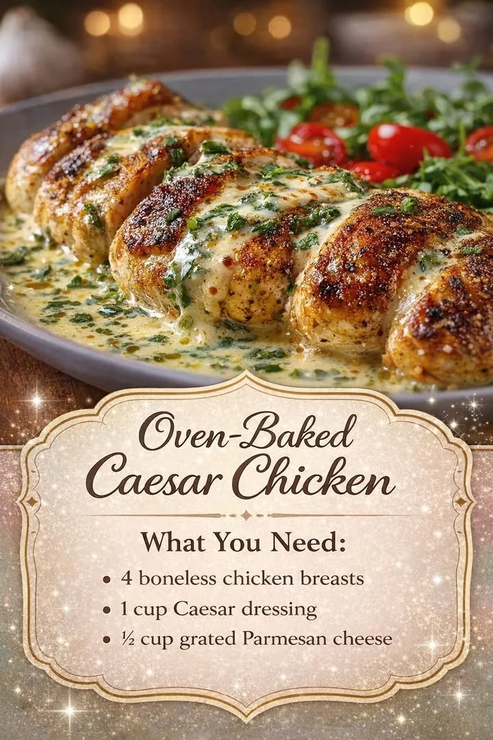 Oven-Baked Caesar Chicken garnished with lettuce and Parmesan cheese