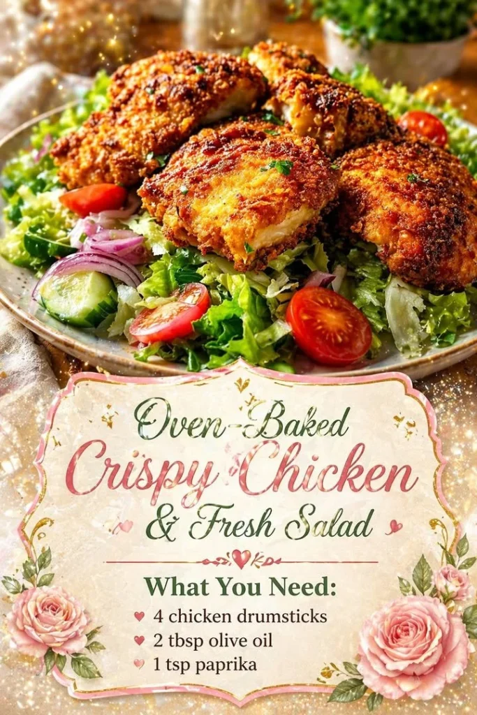 Oven-baked crispy chicken served with a fresh salad on a plate