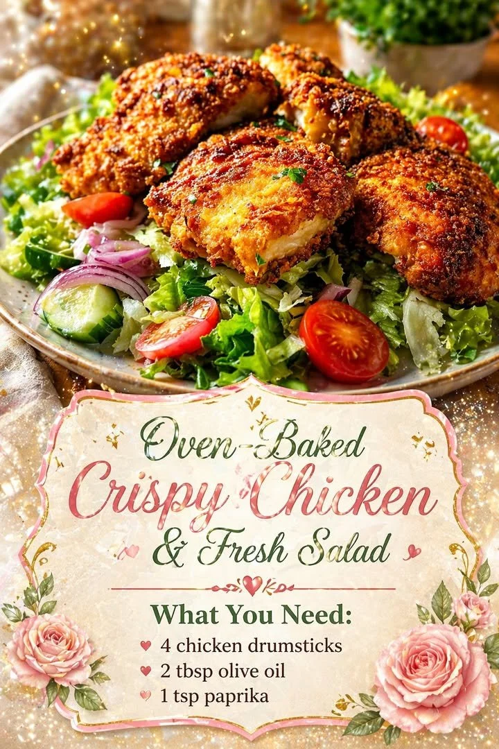 Oven-Baked Crispy Chicken & Fresh Salad 1 Oven-baked crispy chicken served with a fresh salad on a plate