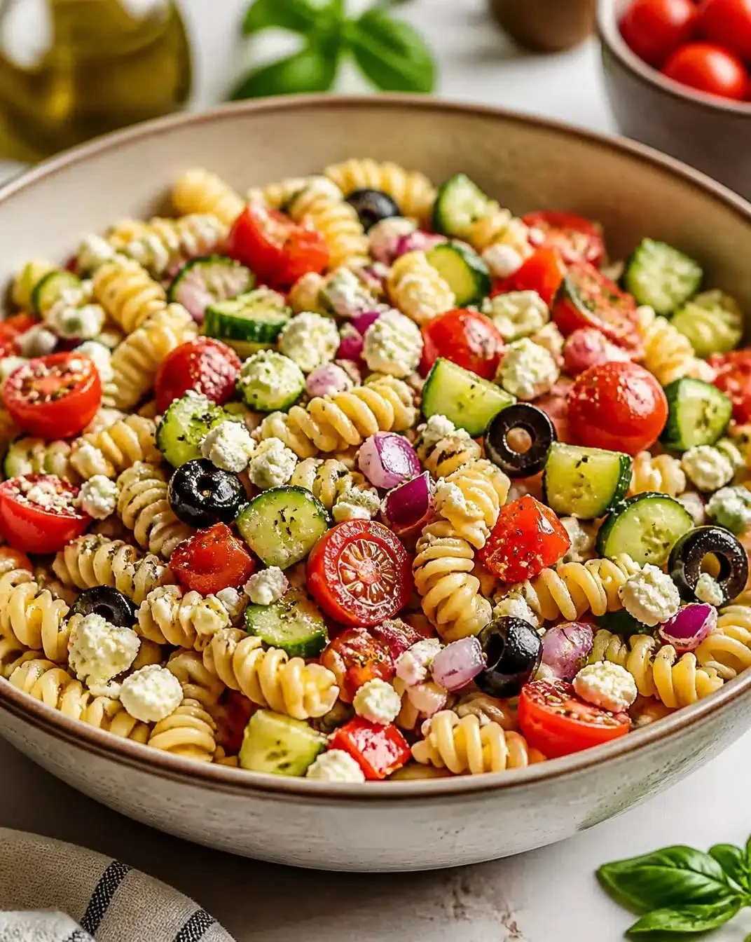 Pasta Salad 1 Delicious colorful Pasta Salad with fresh vegetables and dressing.
