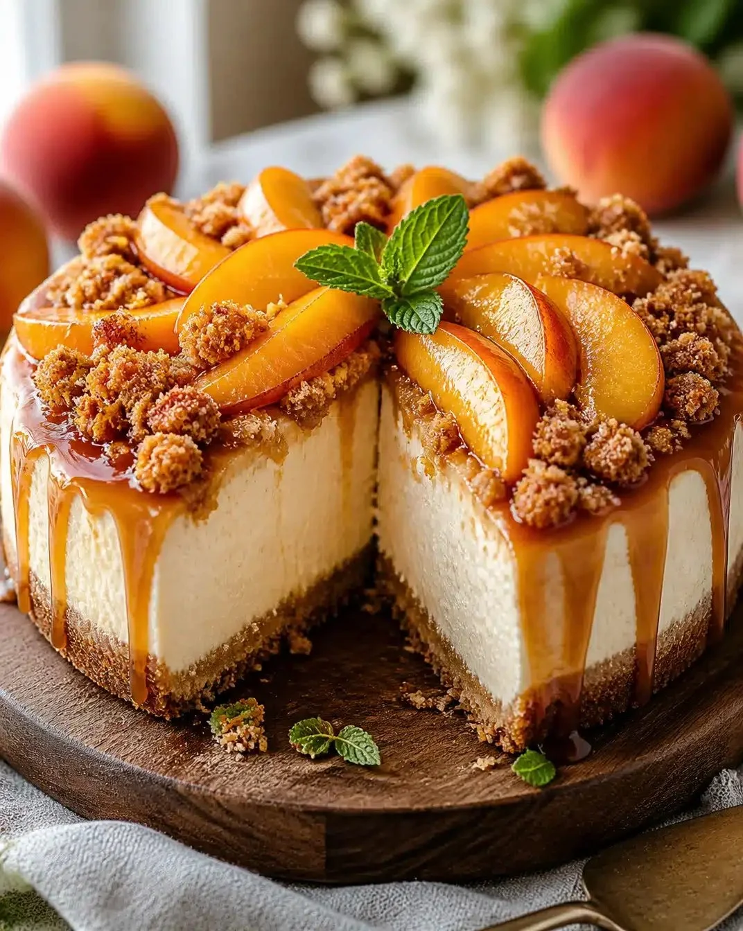 Peach Cobbler Cheesecake Fusion 1 Peach Cobbler Cheesecake Fusion dessert showcasing creamy layers and peach topping