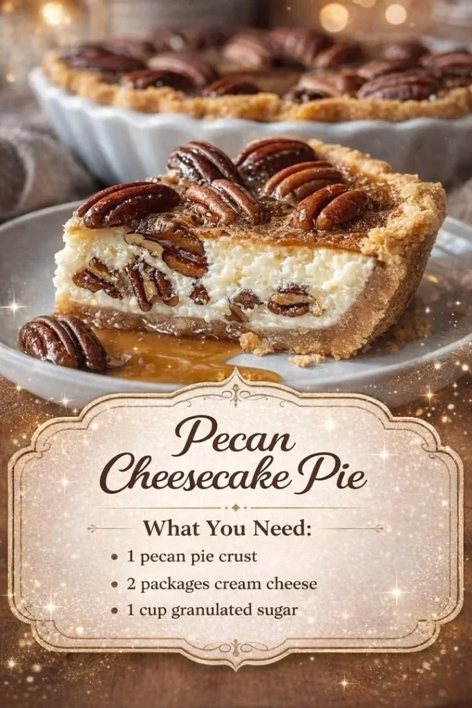 Delicious pecan cheesecake pie topped with crunchy pecans and creamy filling.