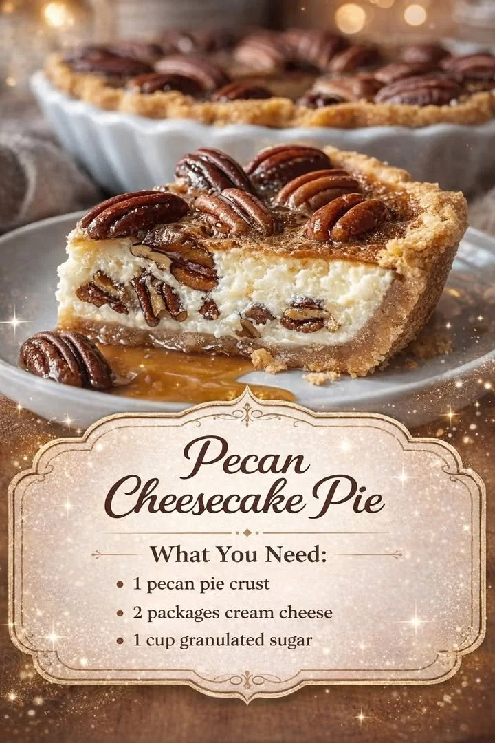 Pecan Cheesecake Pie 1 Delicious pecan cheesecake pie topped with crunchy pecans and creamy filling.