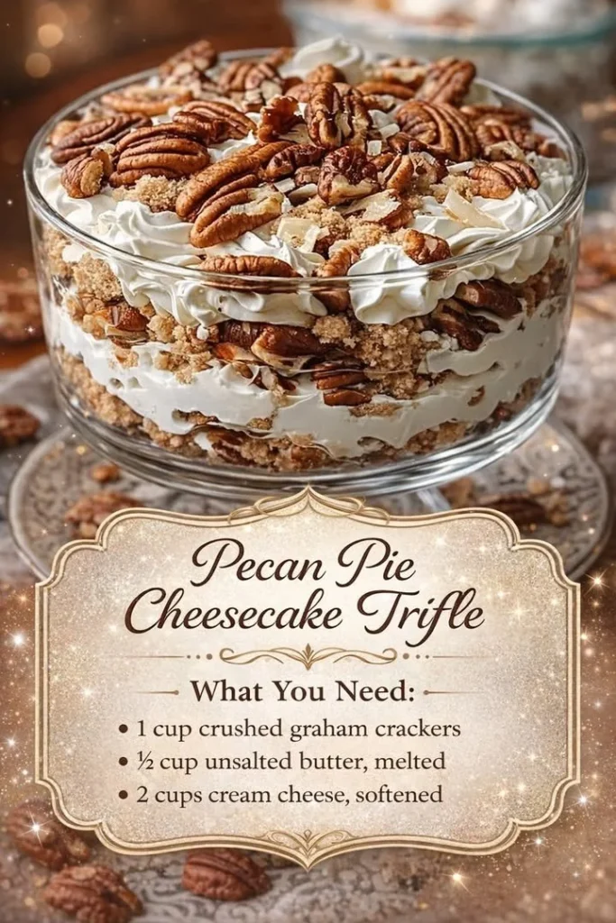 Delicious pecan pie cheesecake trifle with layers of creamy cheesecake and pecans