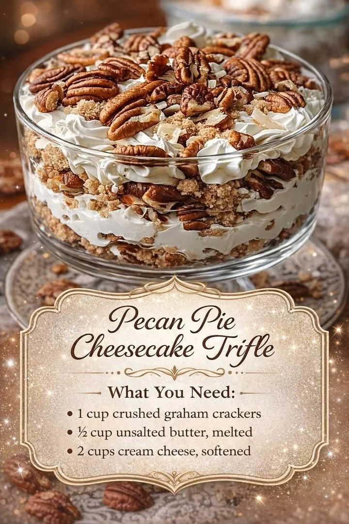 Pecan Pie Cheesecake Trifle 1 Delicious pecan pie cheesecake trifle with layers of creamy cheesecake and pecans