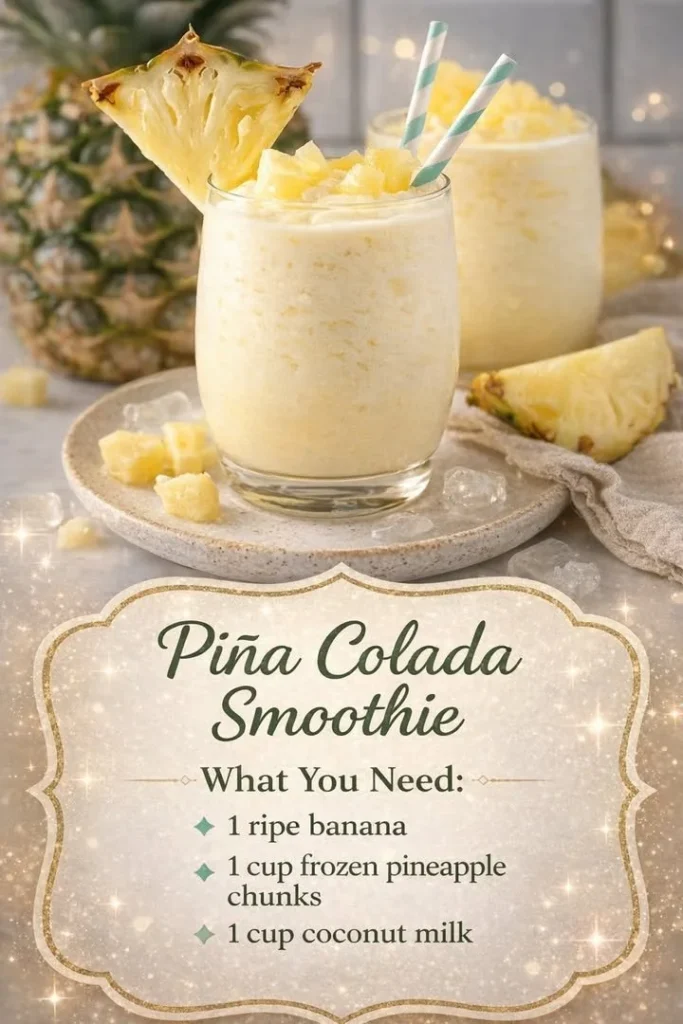 Delicious Pina Colada smoothie in a tropical setting with fresh pineapples and coconuts.
