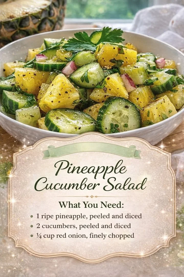 Colorful pineapple cucumber salad in a bowl, garnished with fresh herbs.