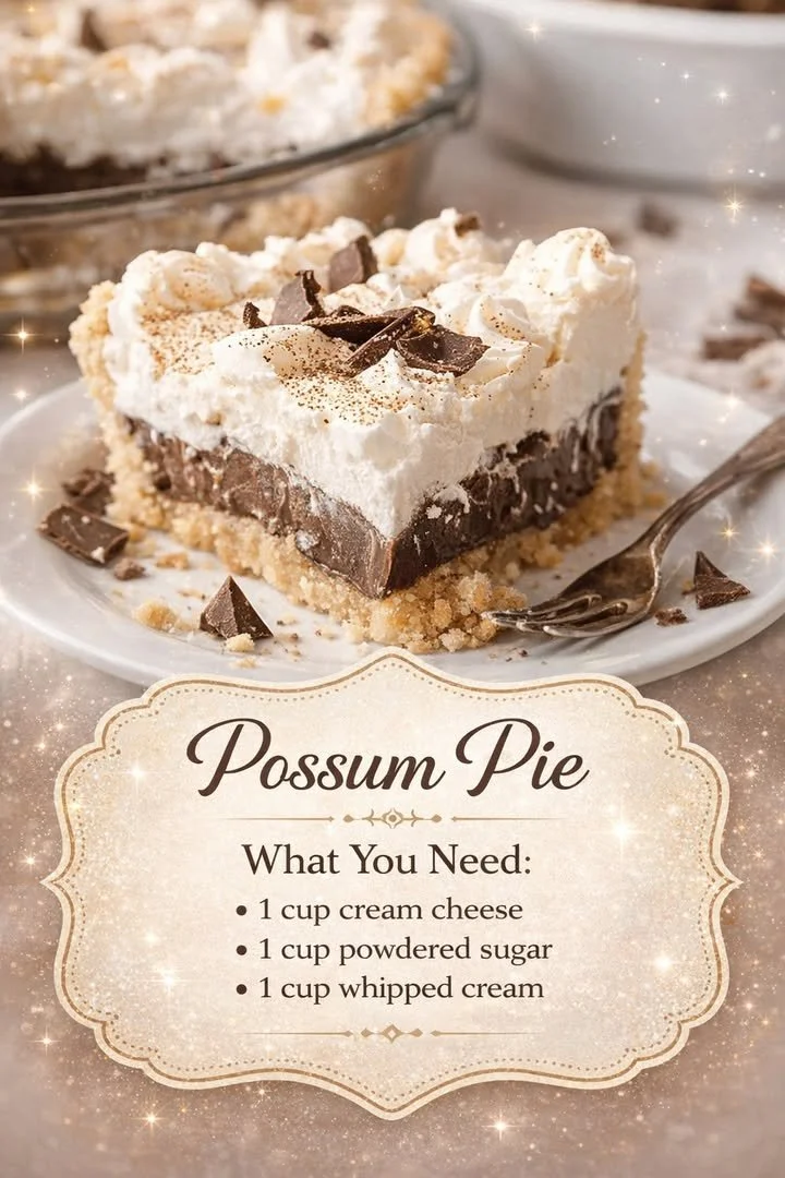 A slice of possum pie on a rustic plate, showcasing its rich textures and ingredients.