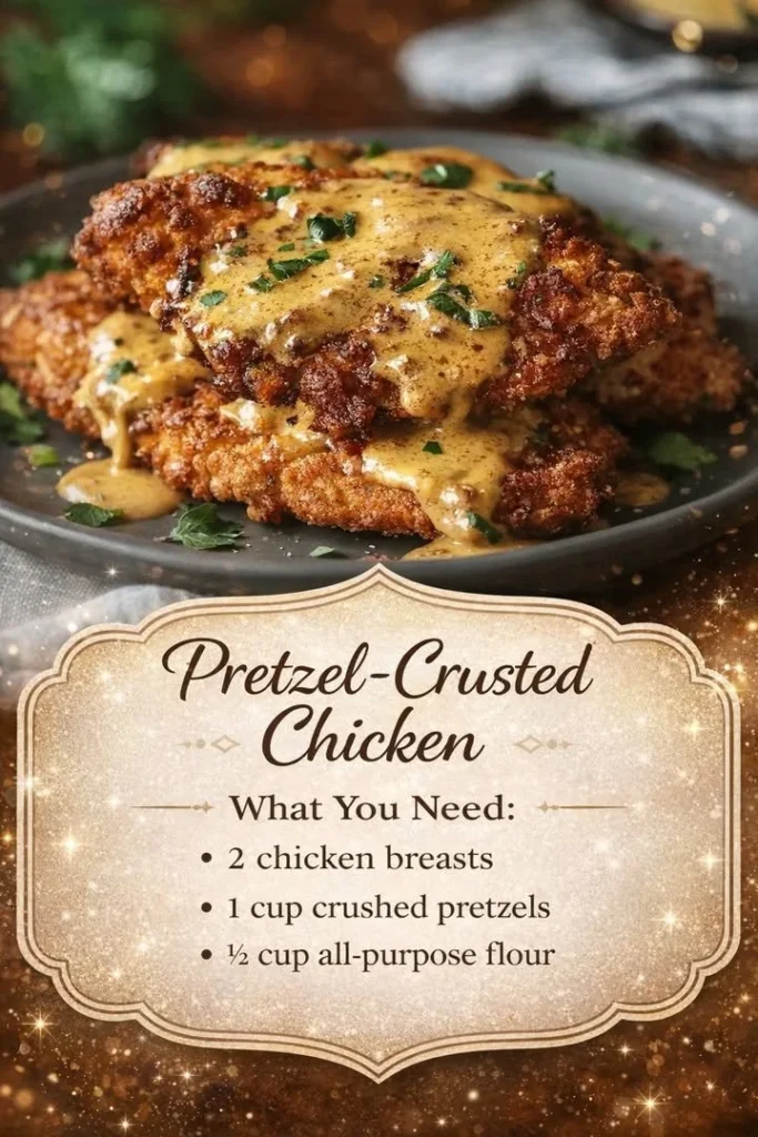 Delicious Pretzel-Crusted Chicken served with dipping sauce