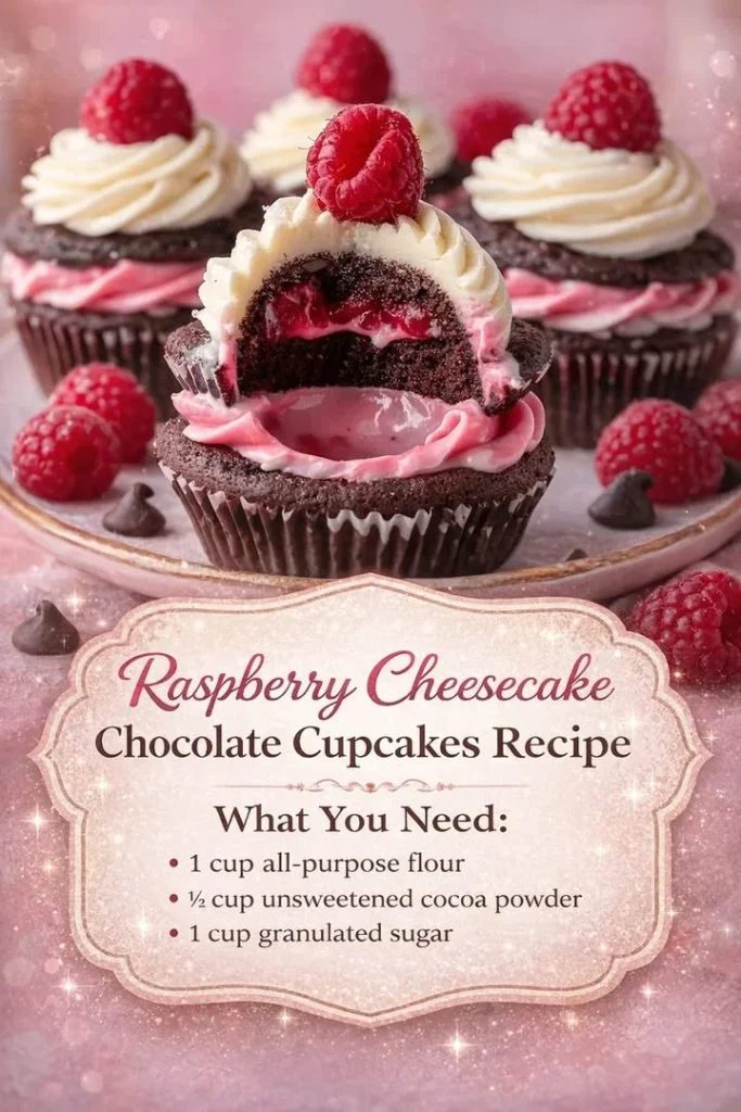 Raspberry Cheesecake Cupcakes with chocolate topping on a white plate