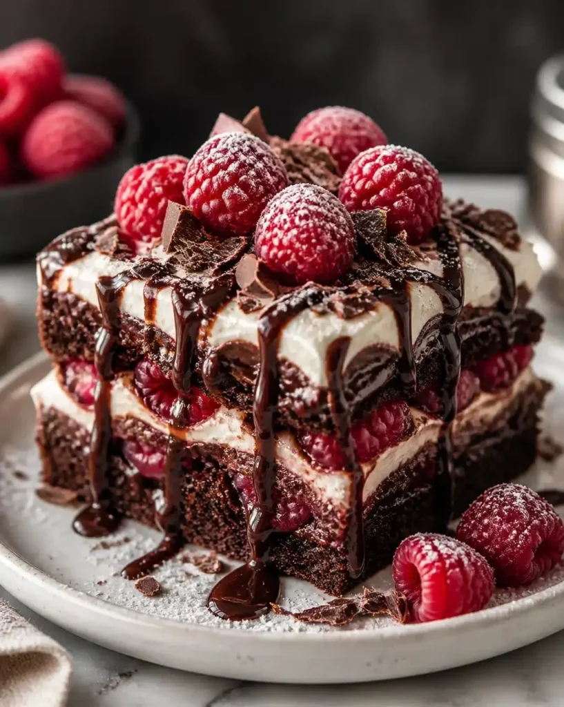 Delicious Raspberry-Chocolate Dessert Lasagna with layers of rich taste
