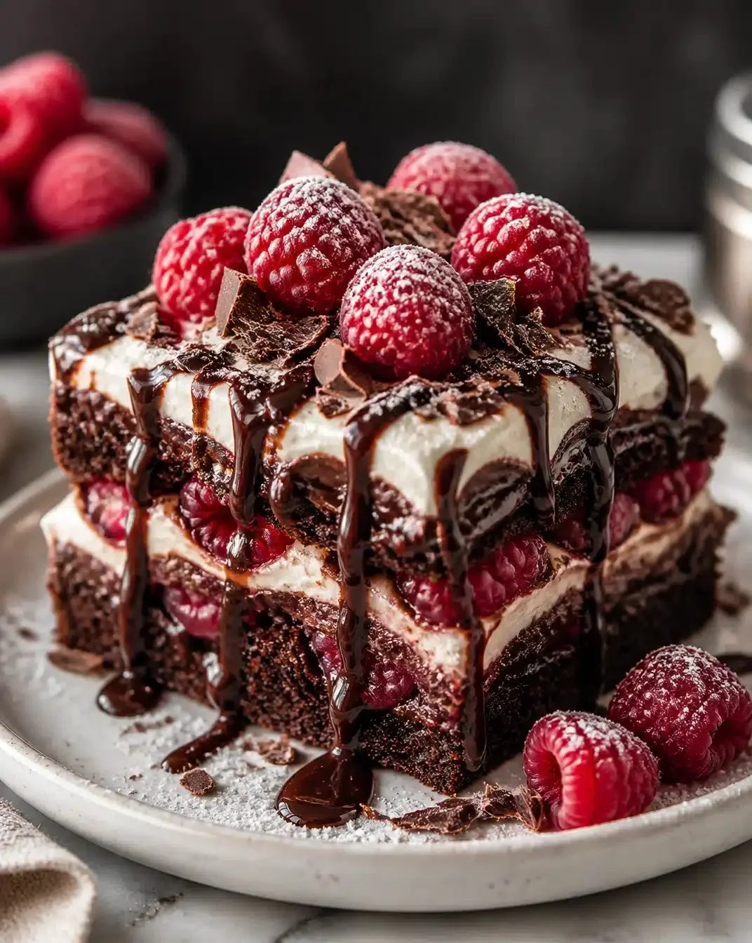 Delicious Raspberry-Chocolate Dessert Lasagna with layers of rich taste