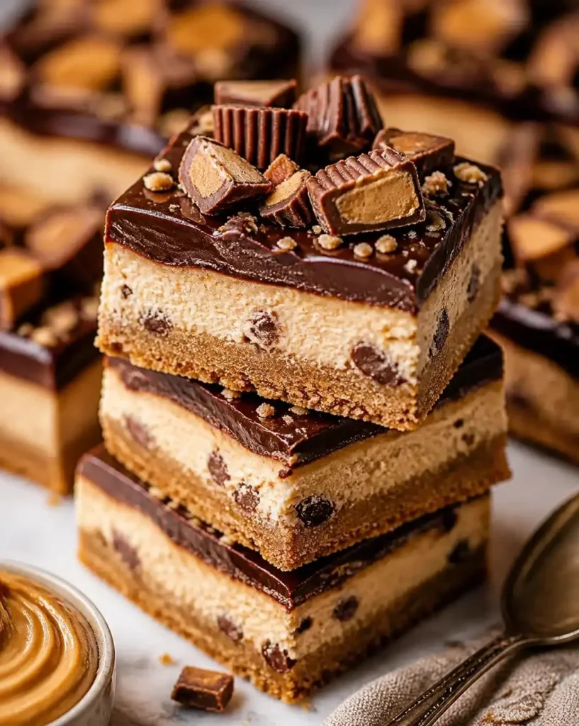 Delicious Reese's Peanut Butter Cheesecake Bars topped with chocolate and peanut butter