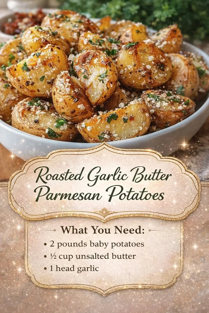 Roasted Garlic Butter Parmesan Potatoes 1 Delicious roasted garlic butter parmesan potatoes served in a dish