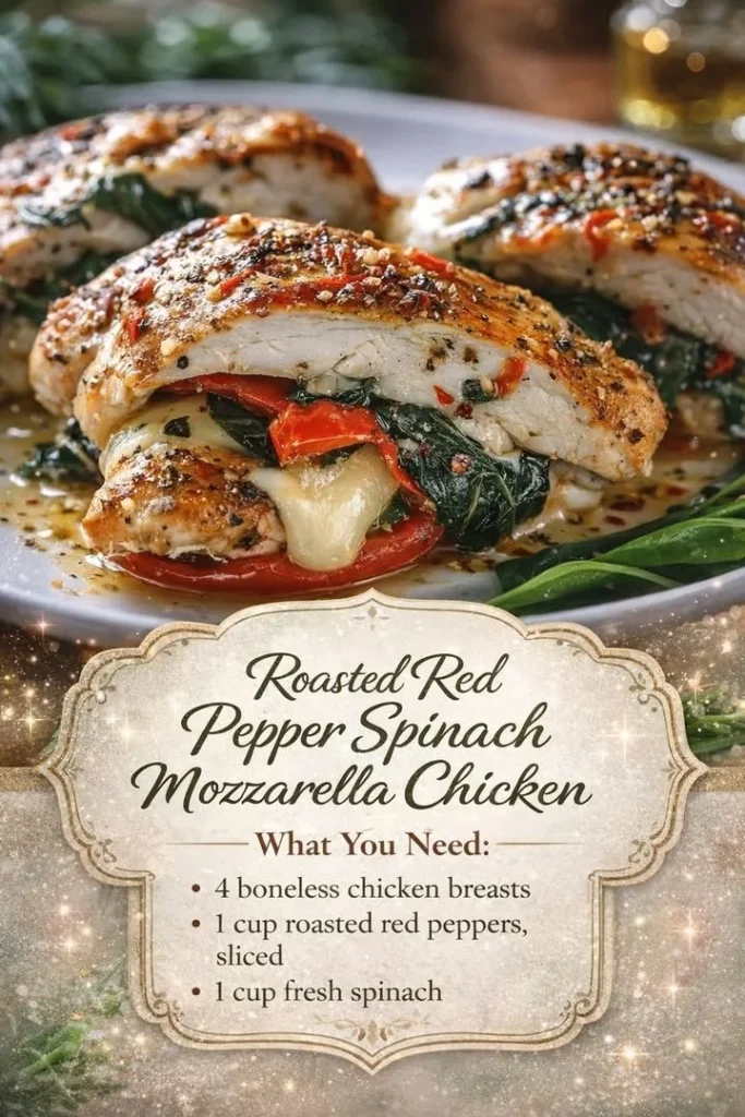 Roasted red pepper chicken with spinach and mozzarella on a plate.