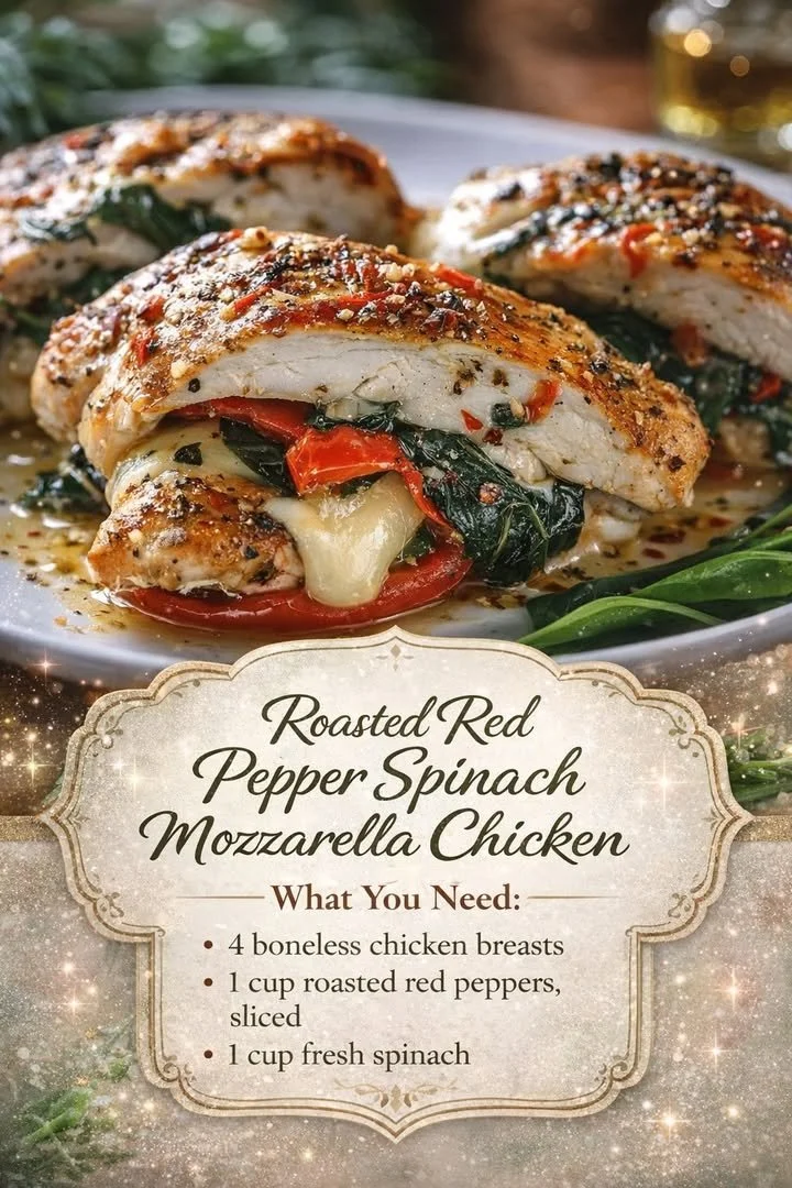 Roasted Red Pepper Spinach Mozzarella Chicken 1 Roasted red pepper chicken with spinach and mozzarella on a plate.