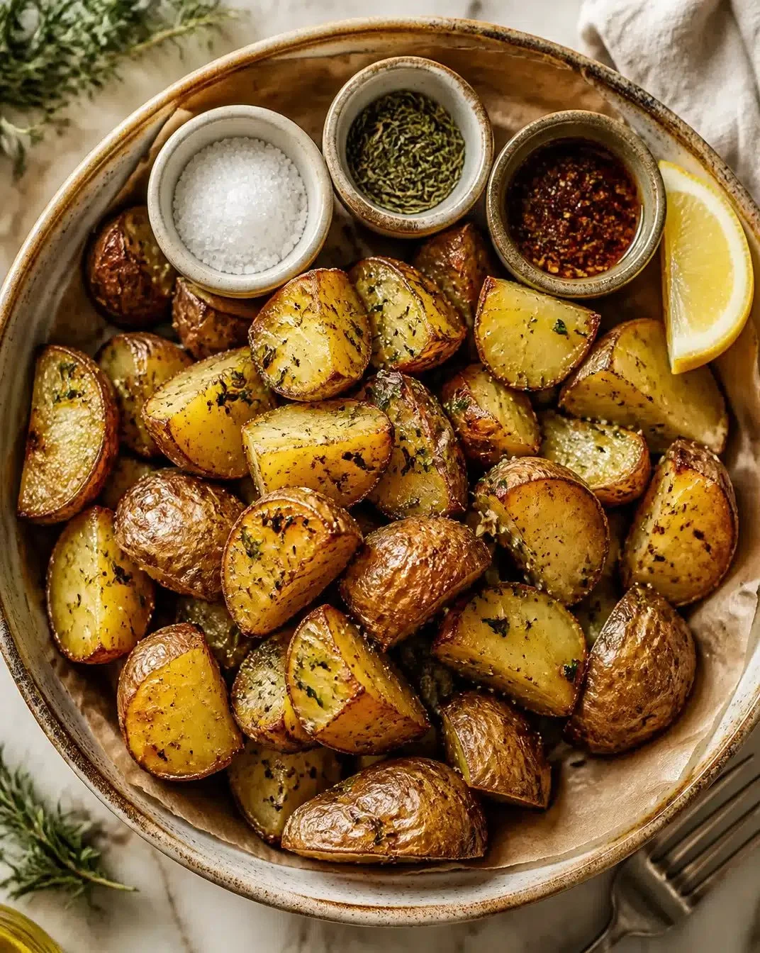 Bowl of sea-salted chopped potatoes served as a delicious side dish.