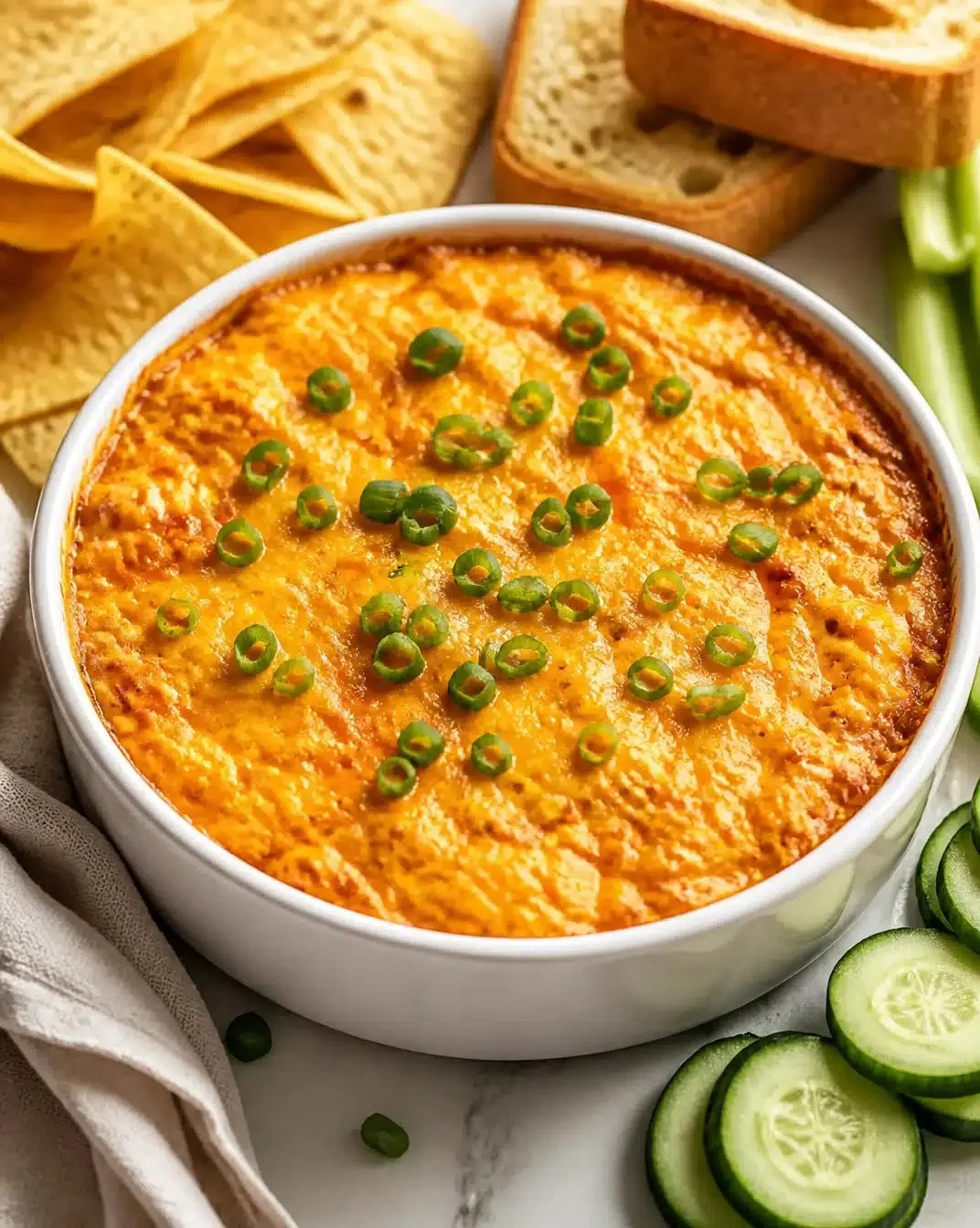 A bowl of simple buffalo chicken dip served with tortilla chips.