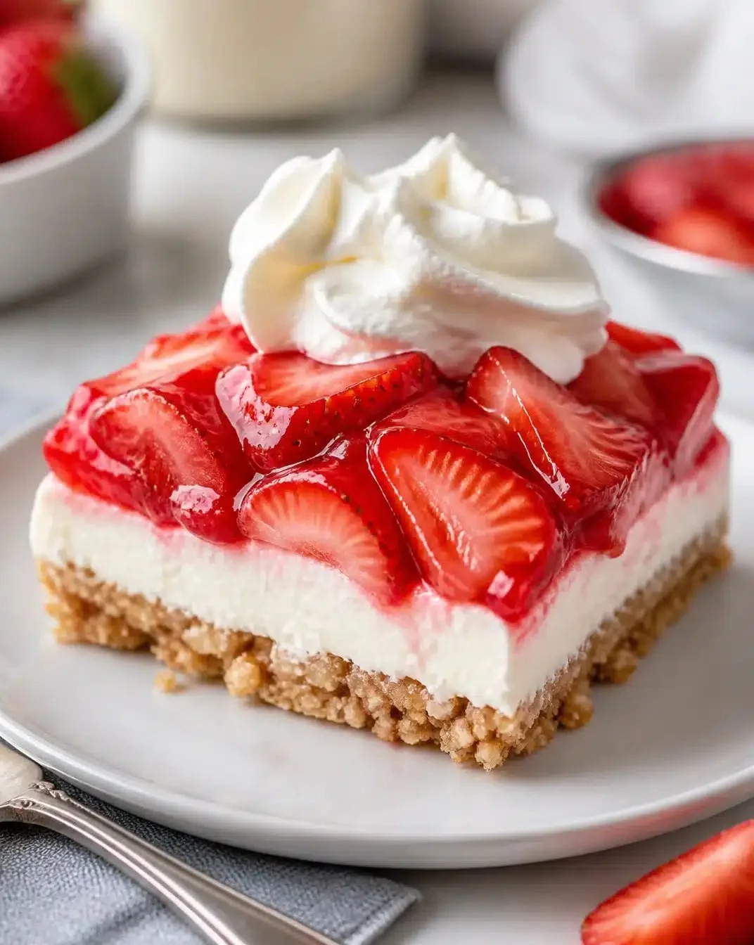 Delicious simple strawberry pretzel salad served in a bowl