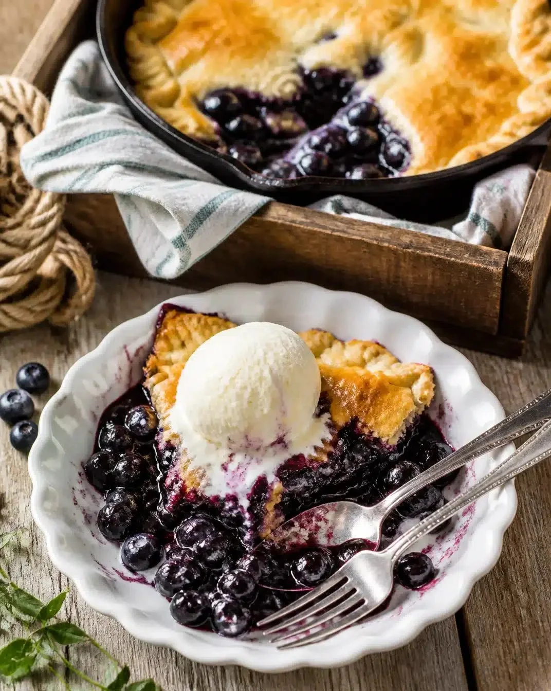 Skillet Blueberry Pie 1 Delicious skillet blueberry pie topped with fresh blueberries and flaky crust