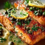 Skillet salmon piccata with lemon and capers served on a plate