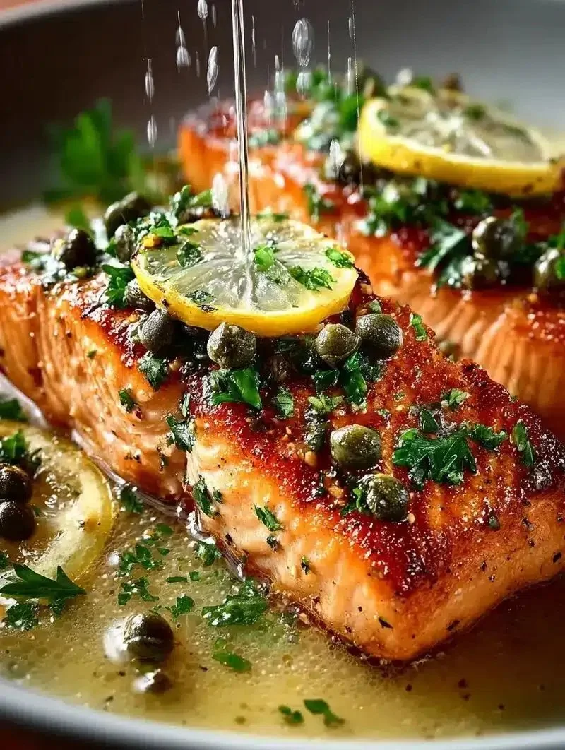 Skillet Salmon Piccata with Lemon and Capers 1 Skillet salmon piccata with lemon and capers served on a plate