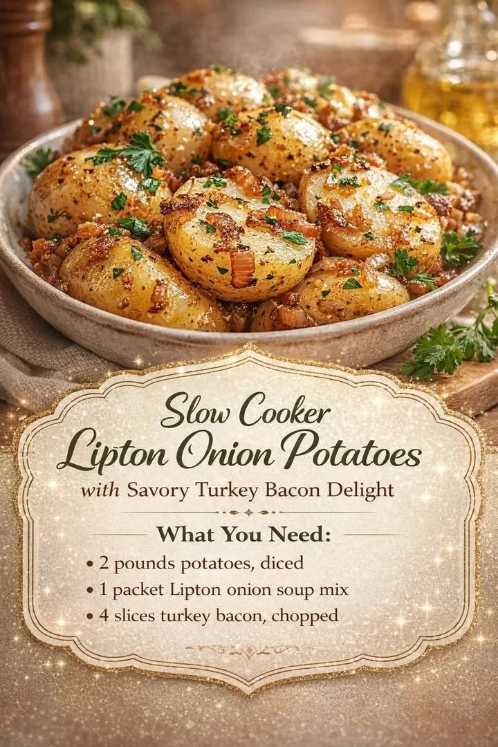 Slow Cooker Lipton Onion Potatoes with Savory Turkey Bacon Delight 1 Delicious slow cooker potatoes with Lipton onion soup and turkey bacon