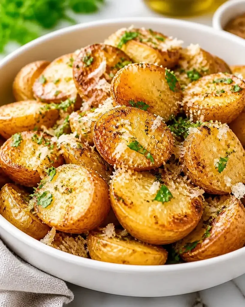 Delicious slow cooker Parmesan potatoes garnished with herbs