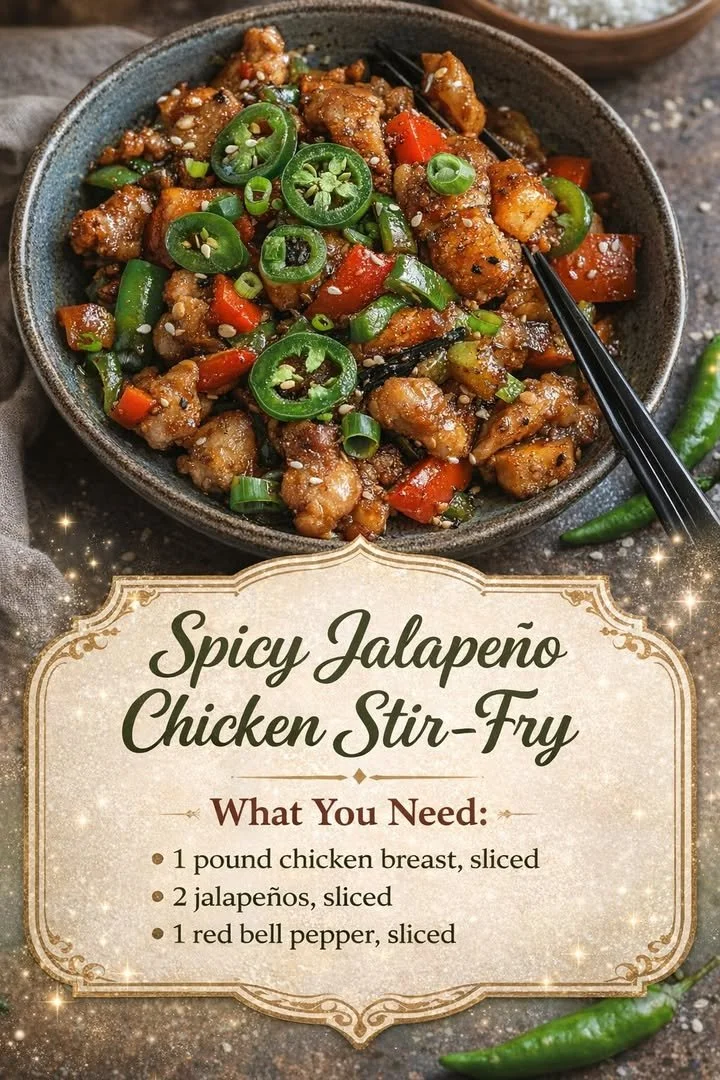 Spicy Jalapeño Chicken Stir-Fry 1 Plate of spicy jalapeño chicken stir-fry with colorful vegetables