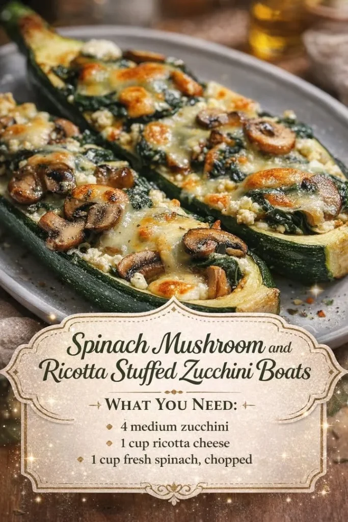 Healthy spinach mushroom and ricotta stuffed zucchini boats on a plate