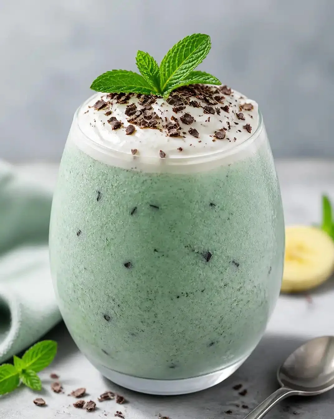 Spirulina Mint Chip Smoothie in a glass garnished with mint leaves