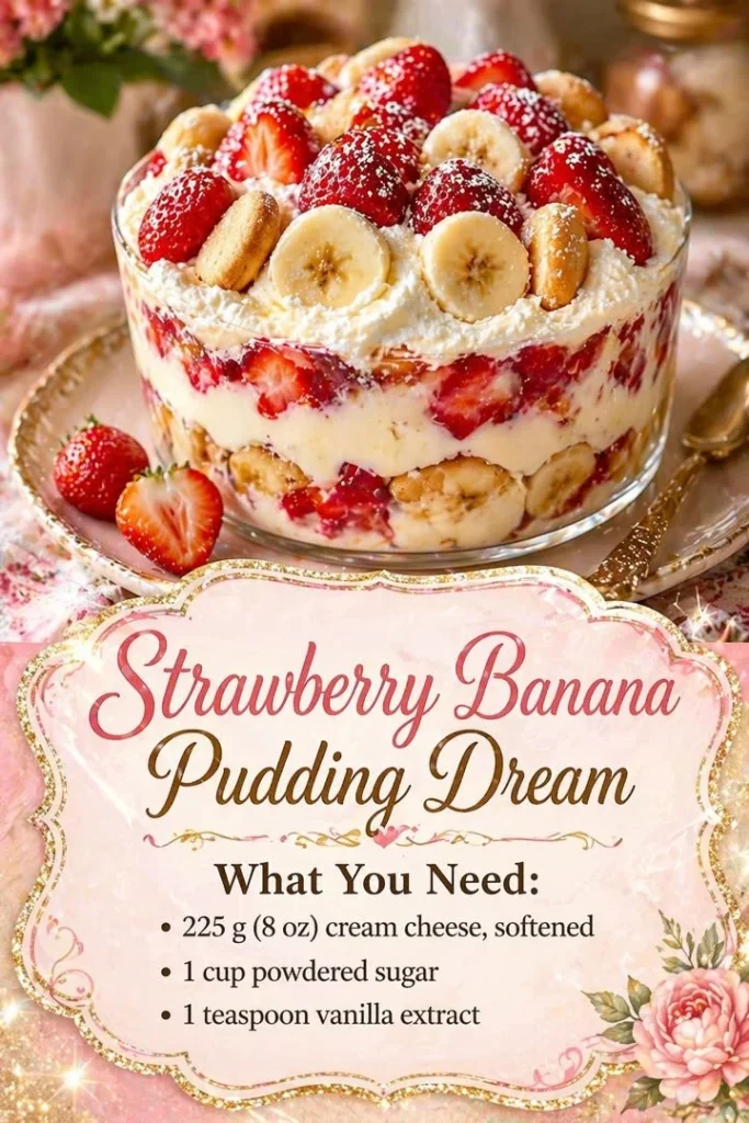 Delicious Strawberry Banana Pudding served in a glass with fresh strawberries and bananas
