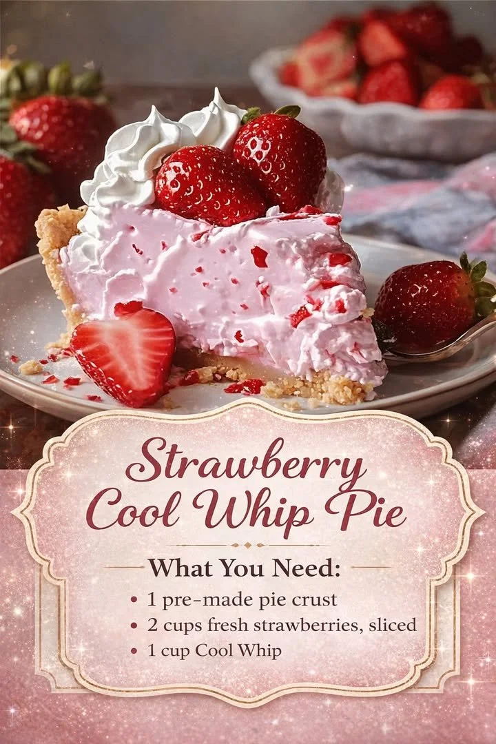 Delicious Strawberry Cool Whip Pie topped with fresh strawberries and whipped cream.