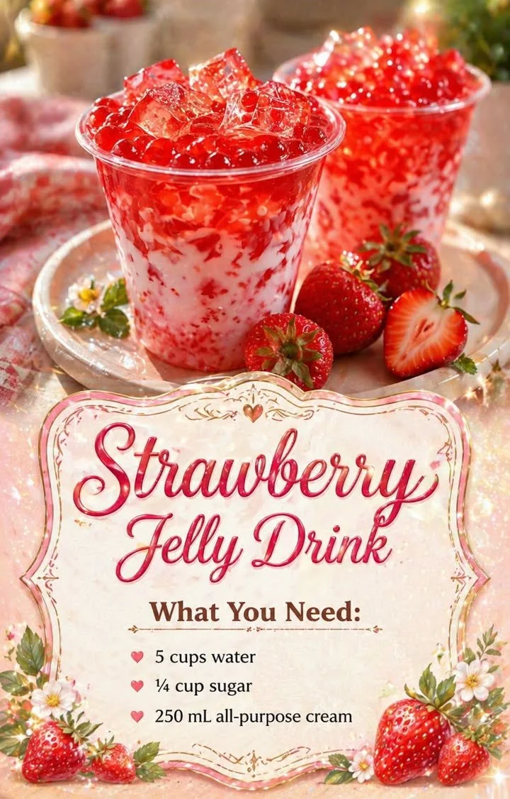 Refreshing Strawberry Jelly Drink in a glass with strawberries on the side