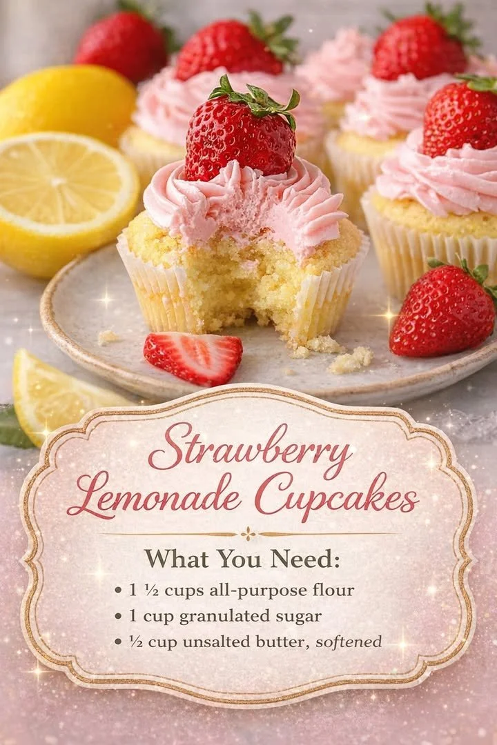 Strawberry Lemonade Cupcakes 1 Delicious strawberry lemonade cupcakes topped with fresh strawberries and lemon zest.