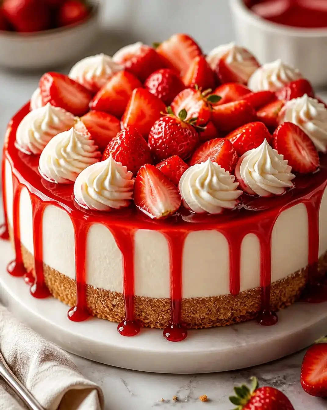 Delicious strawberry no-bake cheesecake topped with fresh strawberries