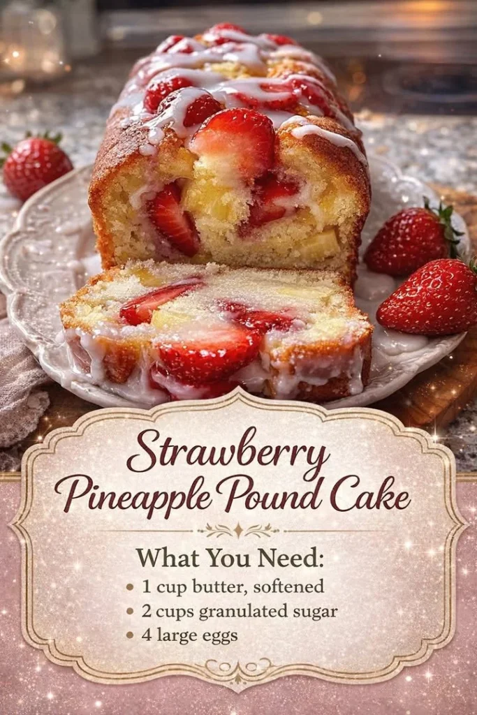 Slice of Strawberry Pineapple Pound Cake with fresh strawberries and pineapples