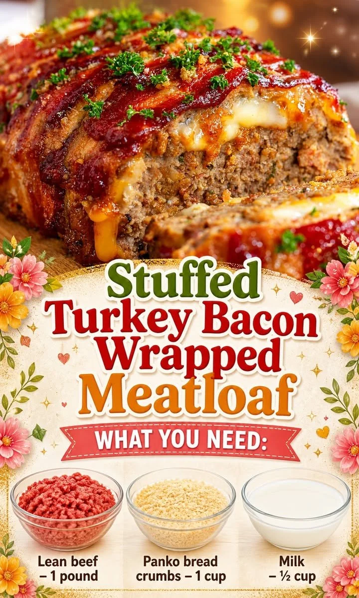 Stuffed Turkey Bacon Wrapped Meatloaf with fresh herbs and bacon layer