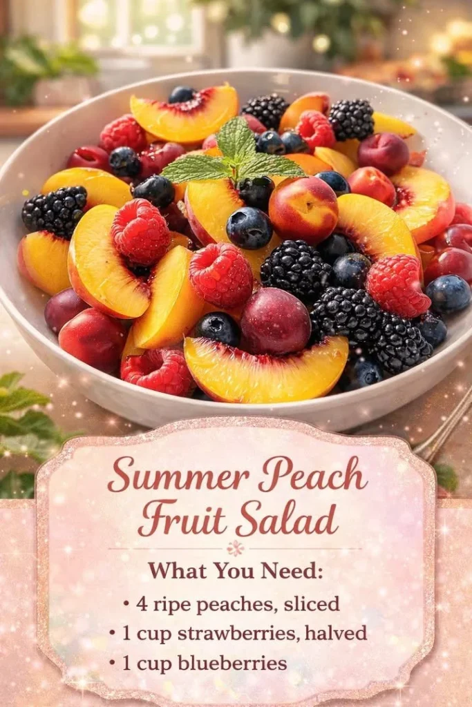 Summer peach fruit salad with fresh, juicy peaches in a bowl