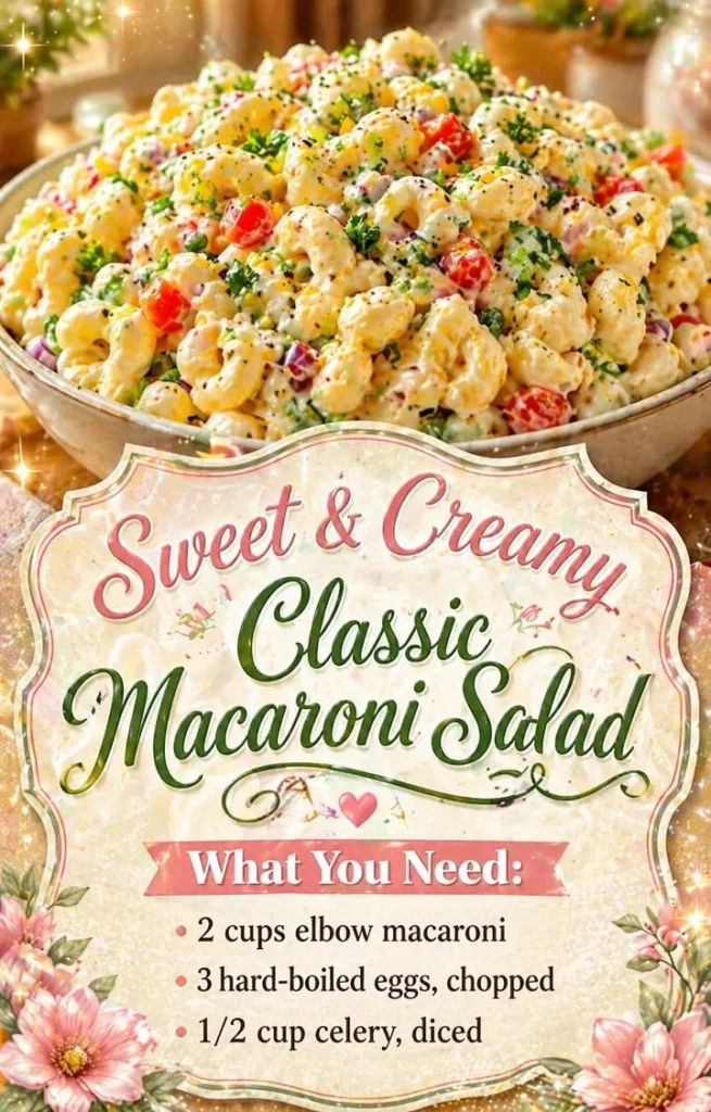 A bowl of sweet and creamy classic macaroni salad with vegetables and dressing