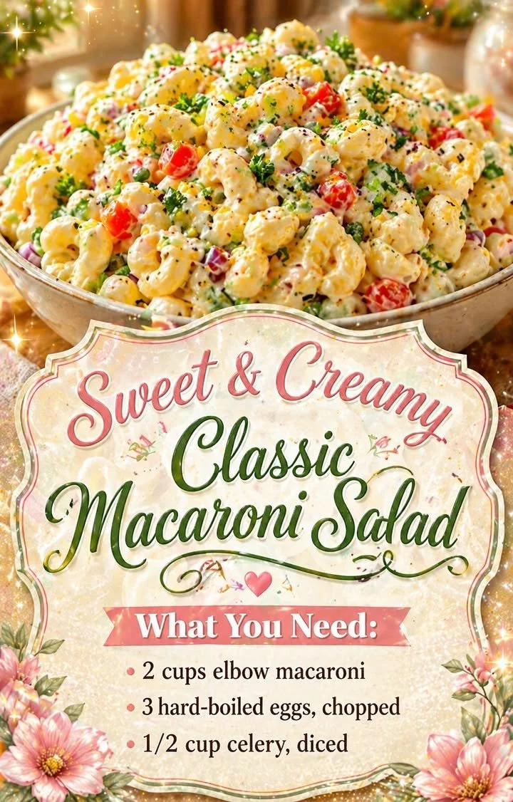 A bowl of sweet and creamy classic macaroni salad with vegetables and dressing