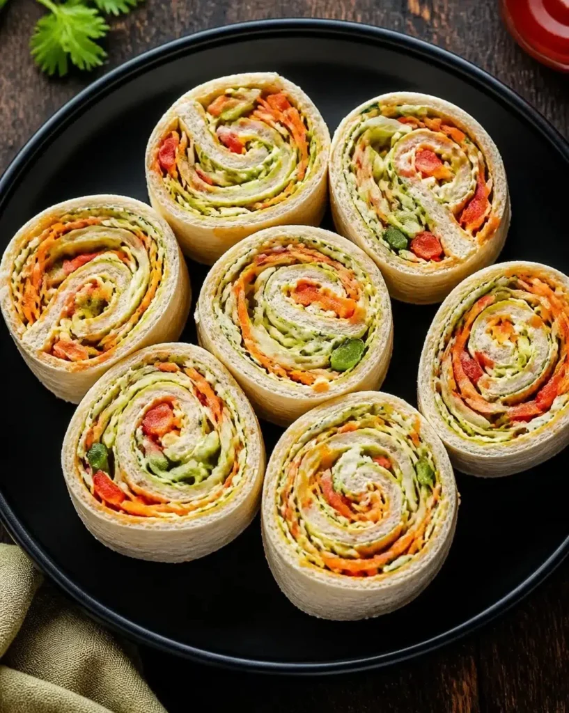 Colorful swirled pinwheel sandwiches arranged on a platter.