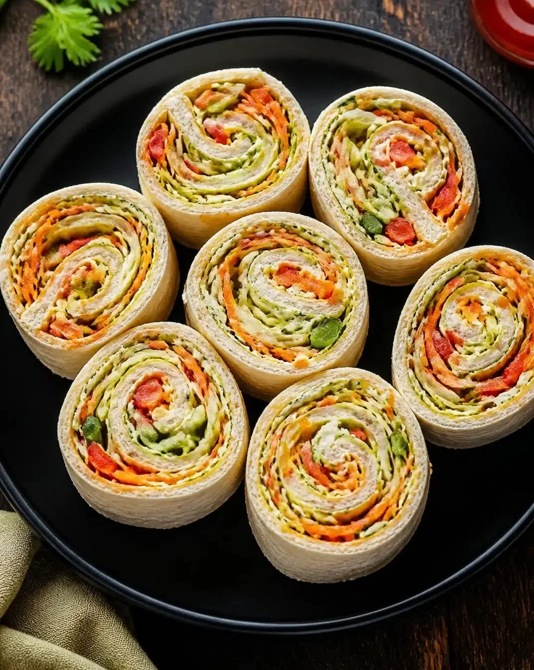 Swirled Pinwheel Sandwiches 1 Colorful swirled pinwheel sandwiches arranged on a platter.
