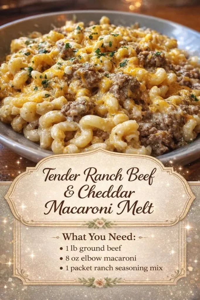 Tender Ranch Beef & Cheddar Macaroni Melt served in a bowl with toppings
