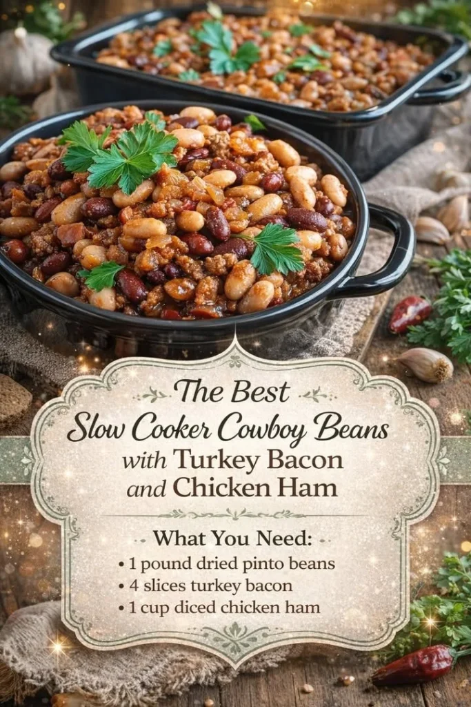 Delicious slow cooker Cowboy Beans with turkey bacon and chicken ham