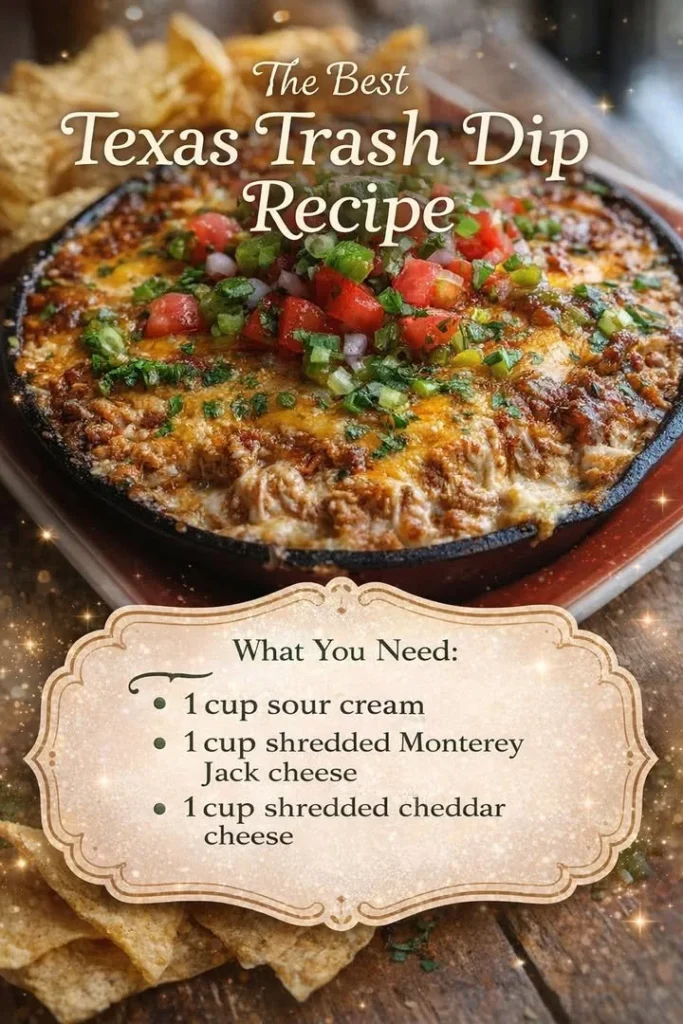 Delicious Texas trash dip served at a party with tortilla chips.